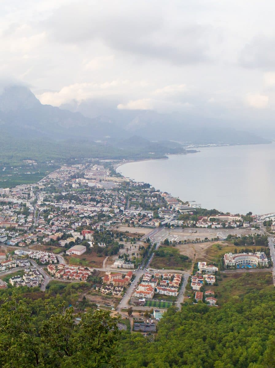 Kemer town and its bay seen from the pine-covered mountains, Antalya