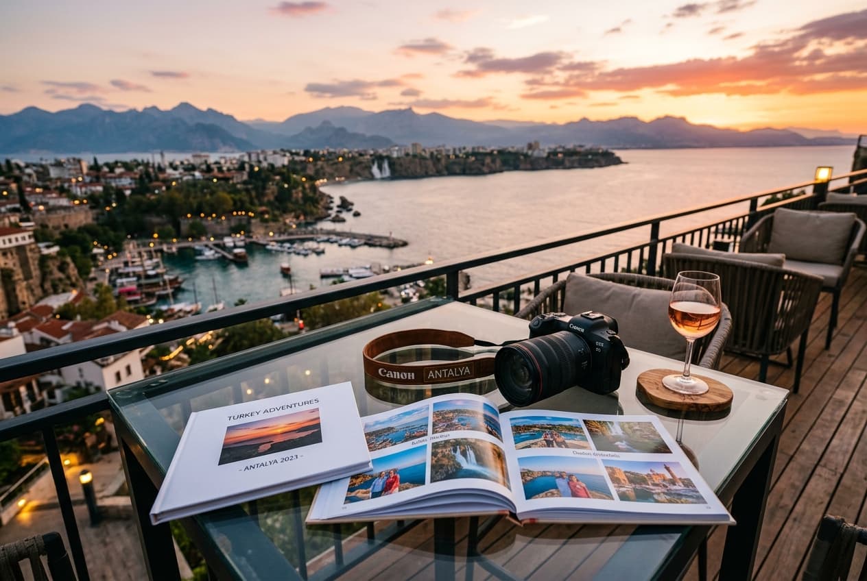 Camera and photo album on a sunset terrace over the Antalya coast