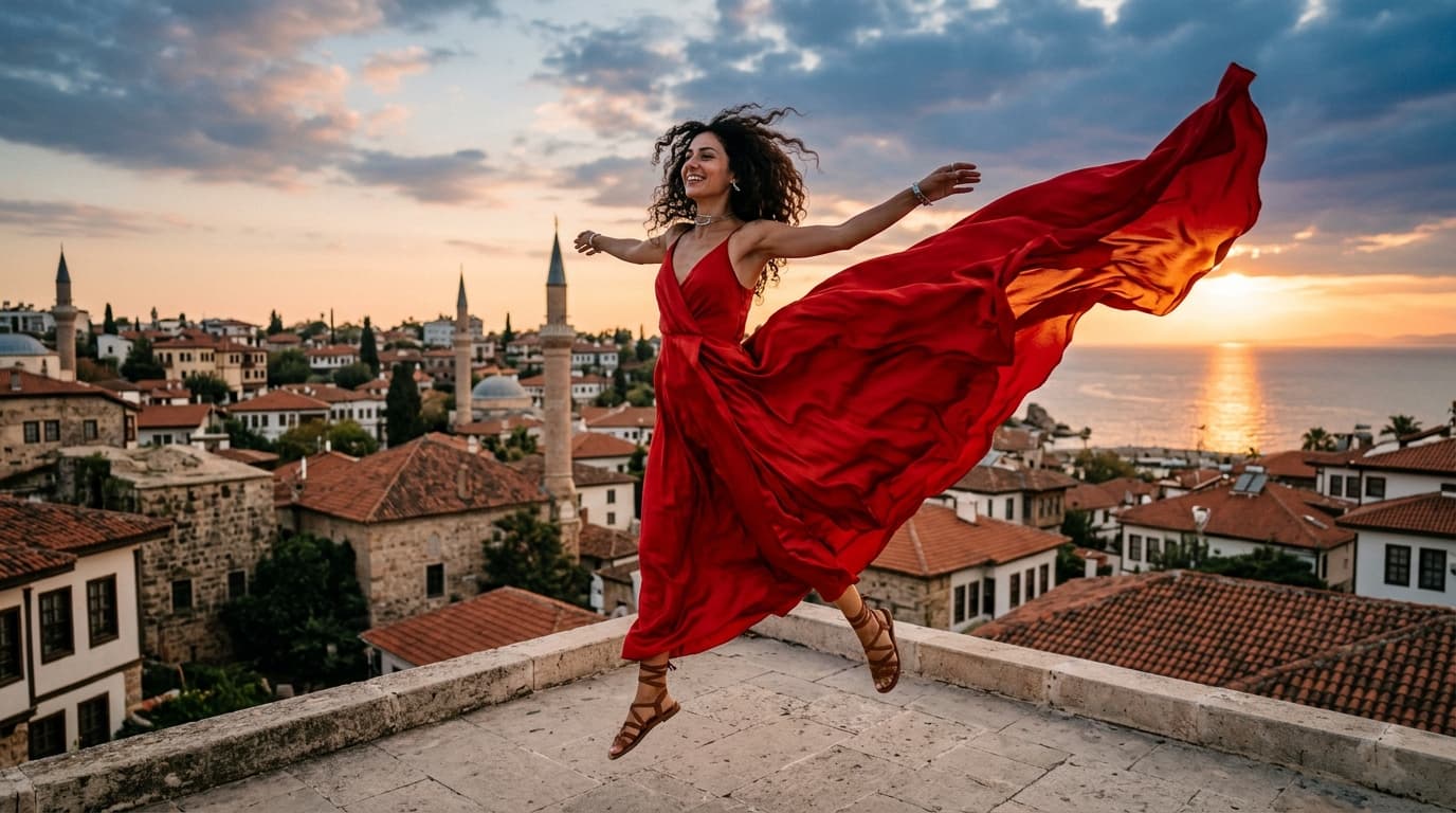 Gün batımında Antalya eski şehir üzerinde teras uçan elbise çekimi