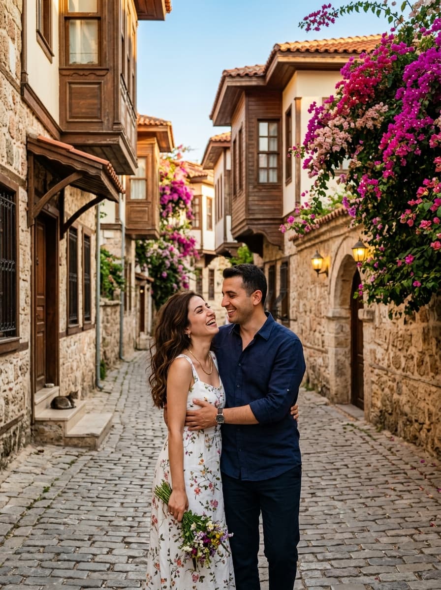 Kaleiçi'nin tarihi sokaklarında çift çekimi, Antalya