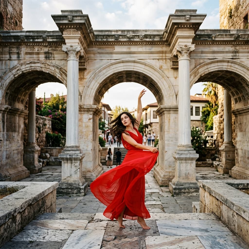 Hadrian Kapısı'nda kırmızı elbiseli kadın, Antalya