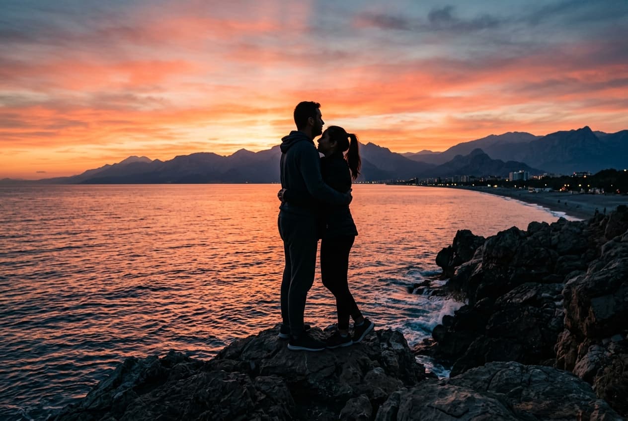 Konyaaltı kayalıklarında gün batımında çift silüeti, Antalya