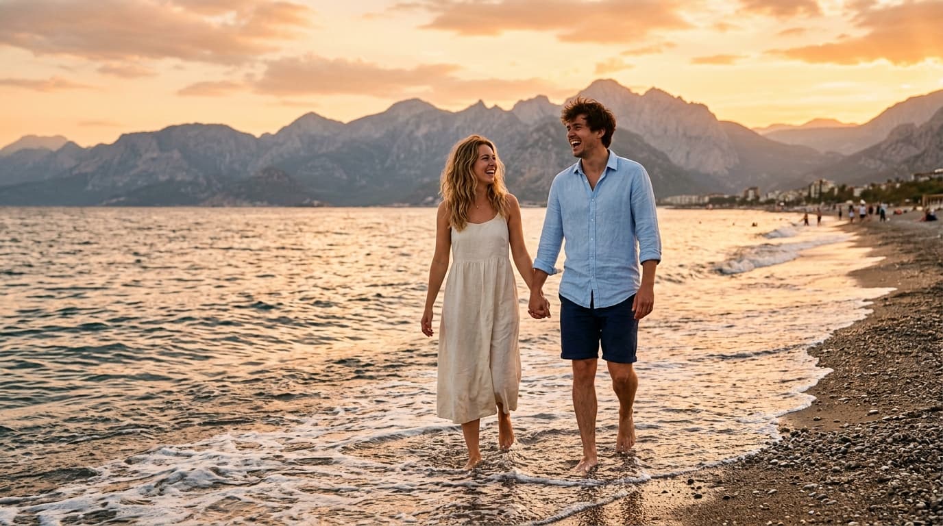 Konyaaltı sahilinde gün batımı fotoğraf çekiminde gülen çift, Antalya