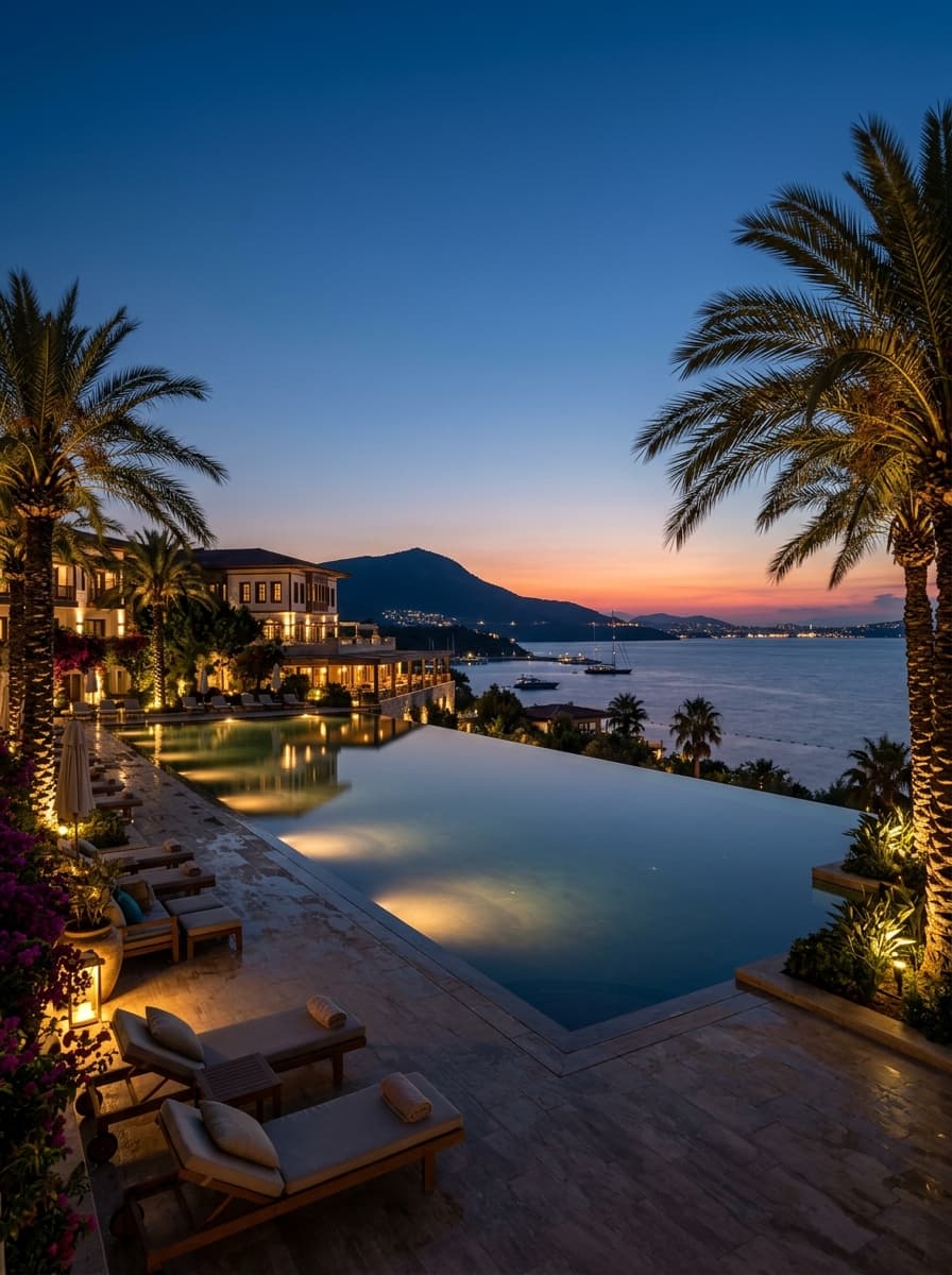 Alacakaranlıkta lüks otel sonsuzluk havuzu, Antalya