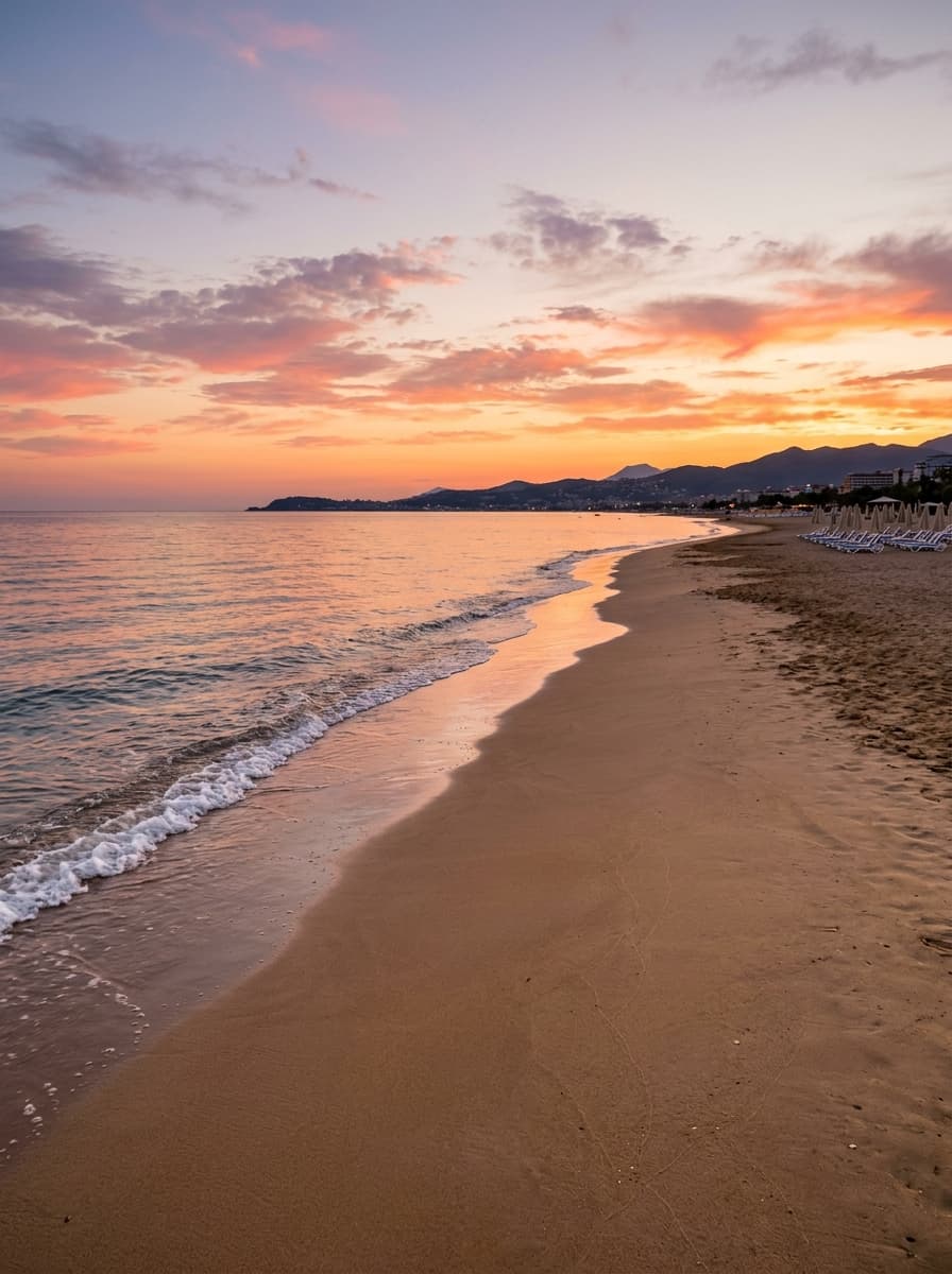 Gün batımında Lara plajının kumsalı, Antalya
